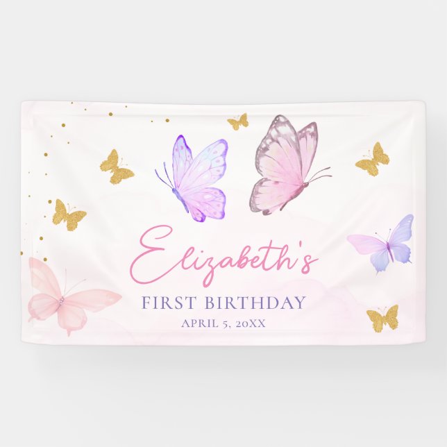 Little Butterfly Pink Purple Girl First Birthday Banner (Horizontal)