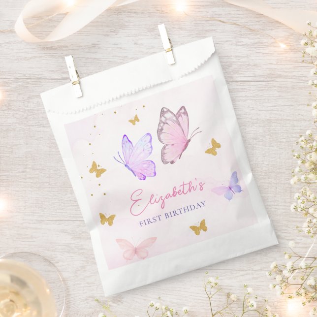 Little Butterfly Pink Purple Girl First Birthday Favour Bags (Clipped)