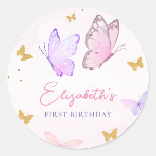 Little Butterfly Pink Purple Gold Girl Birthday Classic Round Sticker
