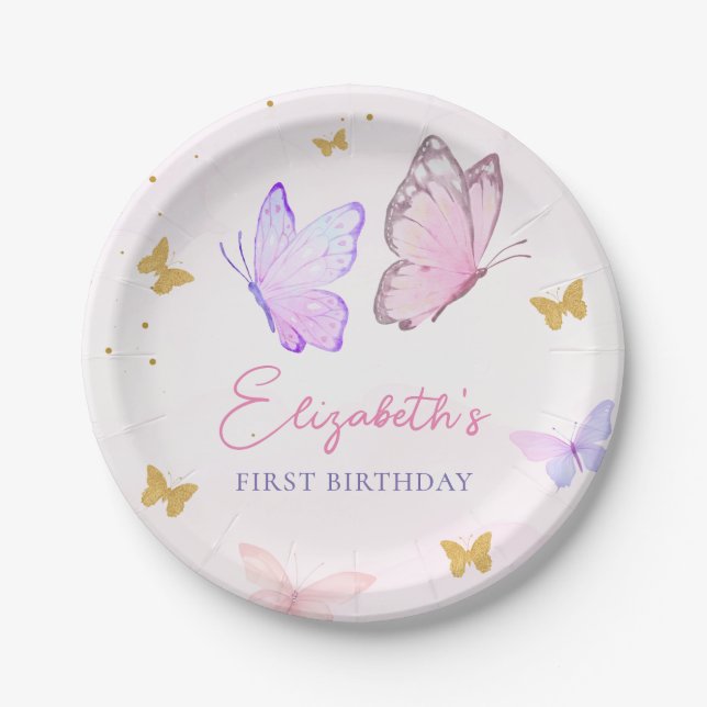 Little Butterfly Pink Purple Gold Girl Birthday Paper Plate (Front)
