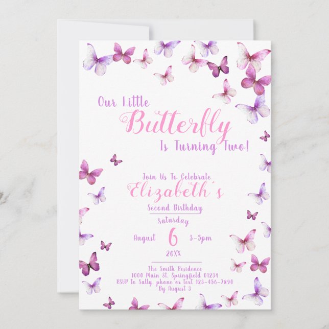 Little Butterfly Second Birthday Pink Girl  Invitation (Front)