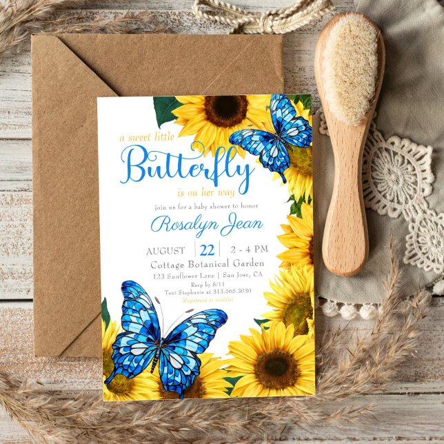 Little Butterfly Sunflower Cobalt Blue Baby Shower Invitation (Creator Uploaded)