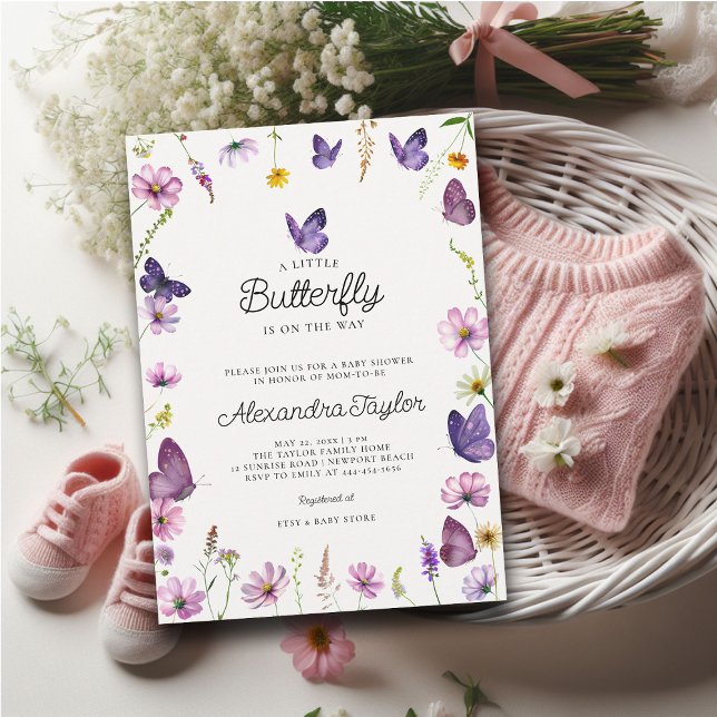Little Butterfly Wild Purple Chic Baby Girl Shower Invitation (little butterfly baby girl shower invitation cottage garden watercolor purple wildflowers frame)