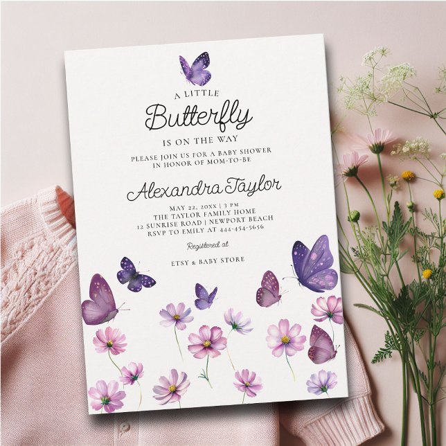 Little Butterfly Wild Purple Pink Baby Girl Shower Invitation (little butterfly baby girl shower invitation cottage garden watercolor purple wildflowers adorable)