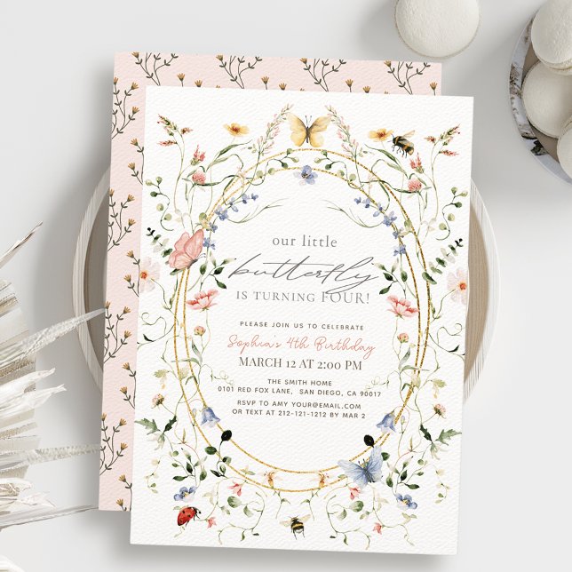 Little Butterfly Wildflower Bee Girl Birthday Invitation (Creator Uploaded)