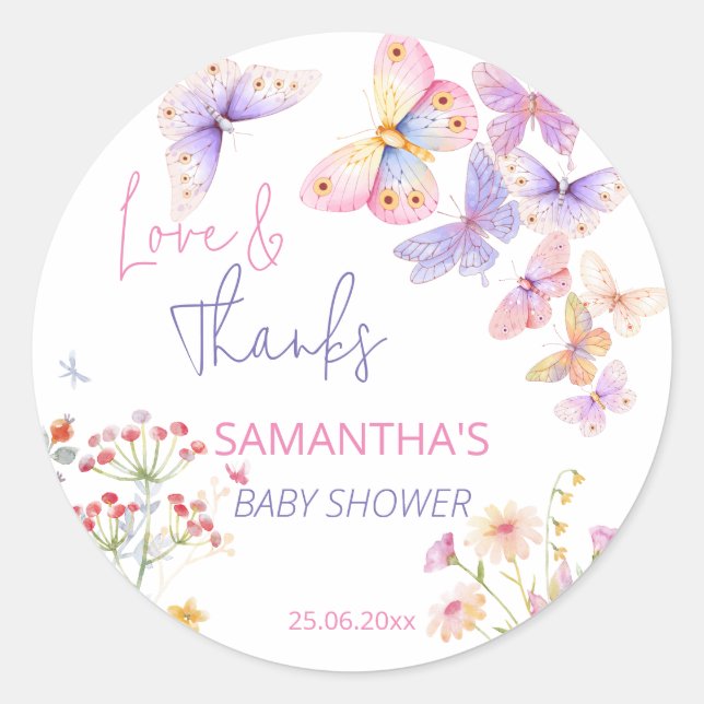 Little butterfly wildflowers baby shower thank you classic round sticker (Front)