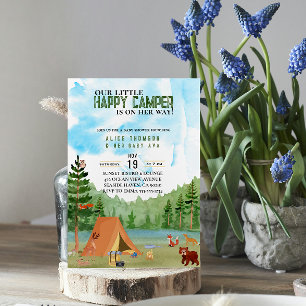 little camper camping adventure forest baby shower invitation