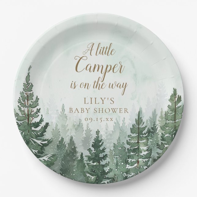 Little Camper Rustic Pine Tree Forest Baby Shower Paper Plate (Front)
