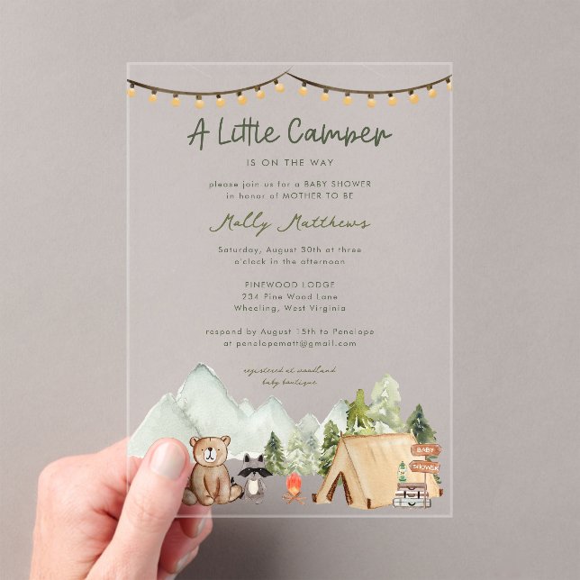 Little Camper Woodland Rustic Baby Shower  Acrylic Invitations (Insitu (Handheld))