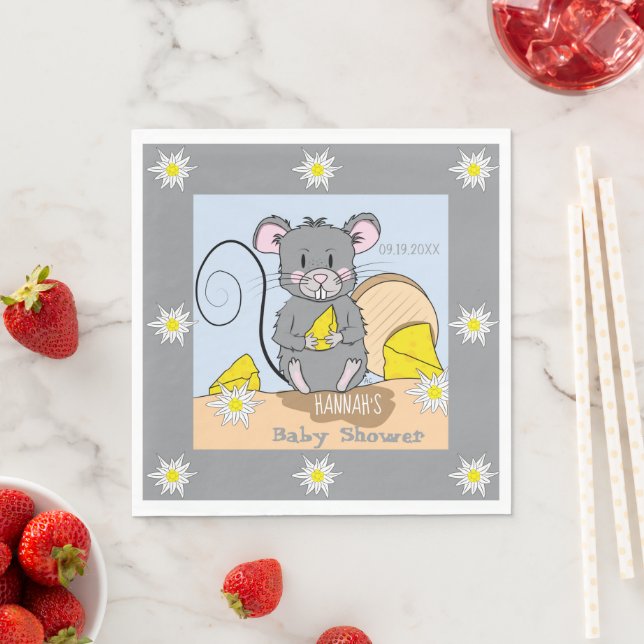 Little Cartoon Mouse Edelweiss Baby Shower Napkins (Insitu)