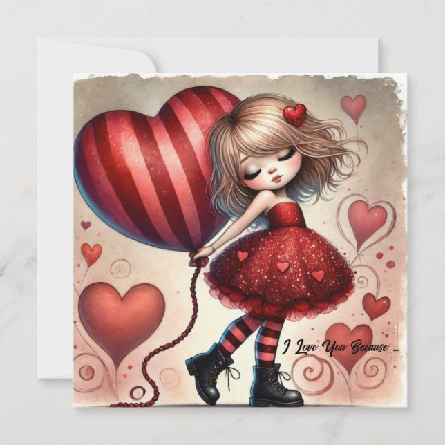 Little cartoon Valentine girl with balloon Holiday Card (Front)