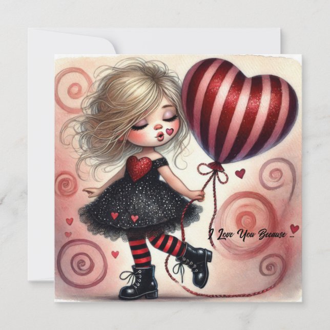 Little cartoon Valentine girl with balloon Holiday Card (Front)