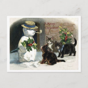 Little cats around Christmas snowman, vintage Postcard
