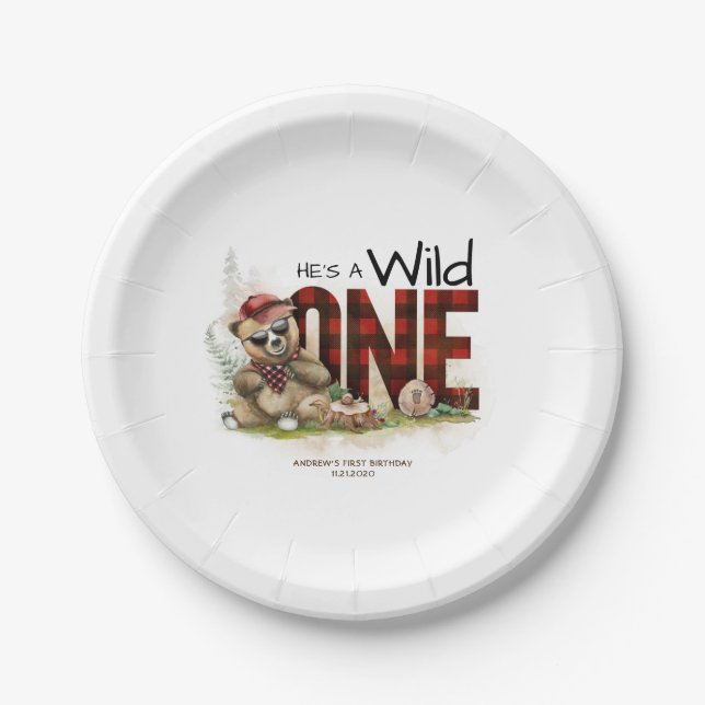Little Charming Lumberjack Bear Wild One Birthday Paper Plate (Front)