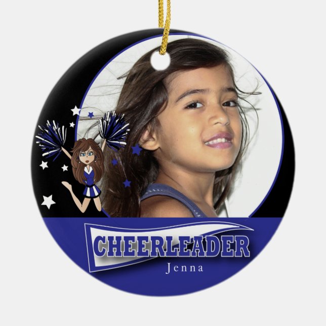 Little Cheerleader - DIY Photo -  Dark Blue Ceramic Tree Decoration (Front)