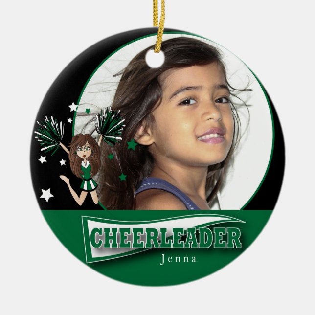 Little Cheerleader - DIY Photo -  Dark Green Ceramic Tree Decoration (Front)