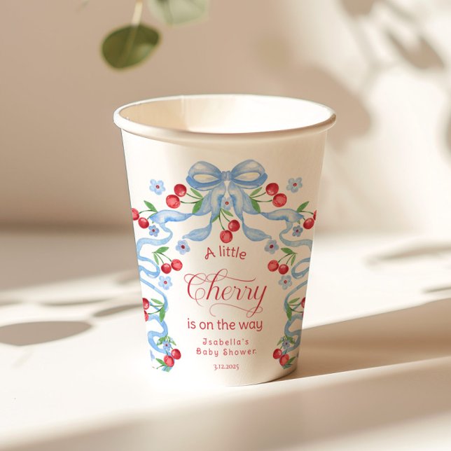 Little Cherry Blue Bow Baby Shower Paper Cups (Creator Uploaded)