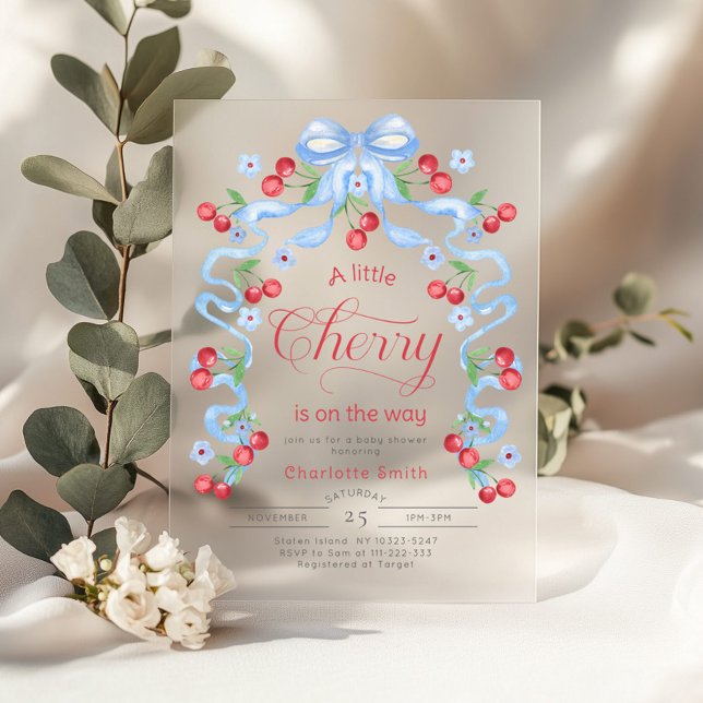 Little Cherry on the way Blue Bow boy baby shower Acrylic Invitations (Creator Uploaded)