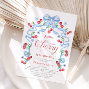 Little Cherry on the way Blue Bow boy baby shower Invitation