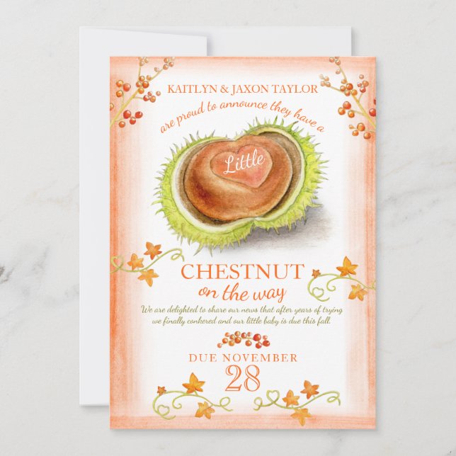 Little Chestnut heart watercolor pregnancy Announcement (Front)