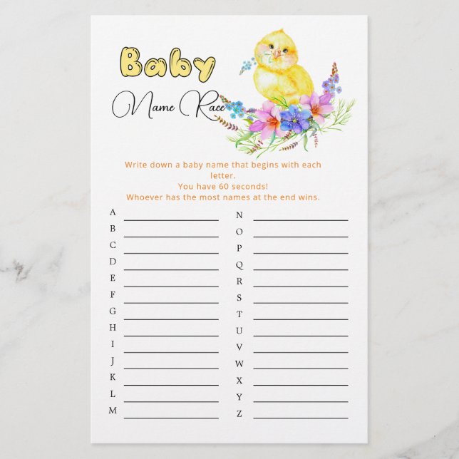Little Chick Baby Shower Baby Name Race Game (Front)