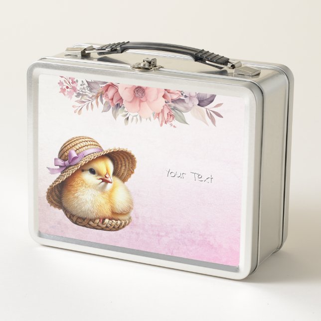 Little Chick Blue Pink Ribbon Metal Lunch Box (Front)