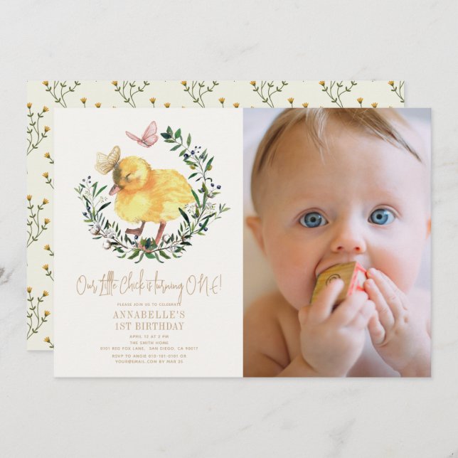 Little Chick & Butterfly Girl 1st Birthday Photo Invitation (Front/Back)
