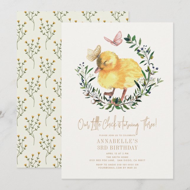 Little Chick & Butterfly Wreath Girl Birthday Invitation (Front/Back)