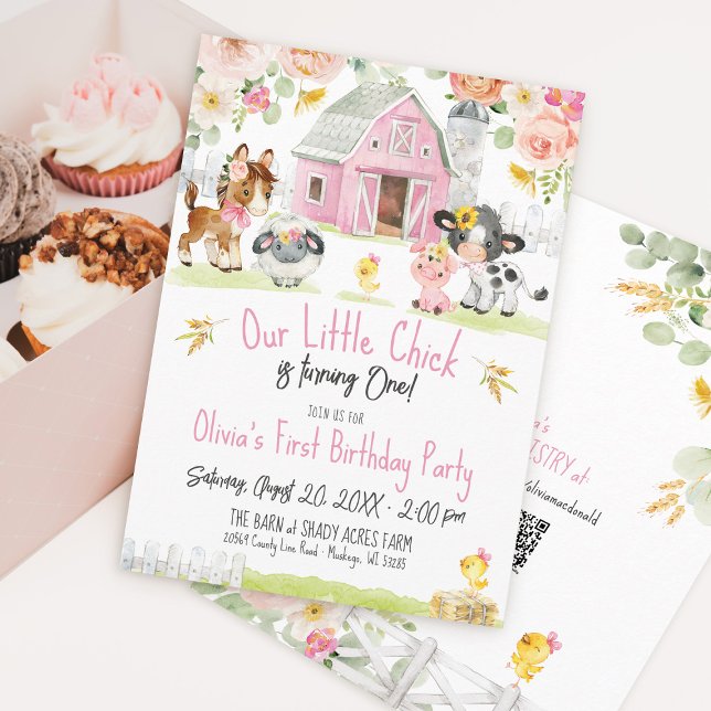 Little Chick Farm Barnyard Floral Girl Birthday Invitation (Our Little Chick watercolor farm girl barnyard animals floral pink 1st birthday party invitation)