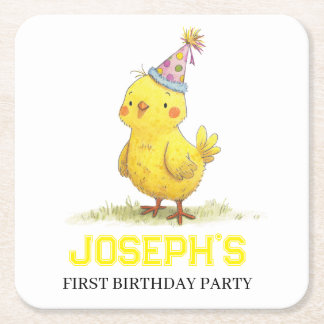 Little Chick Farm Birthday Chicken Square Paper Coaster
