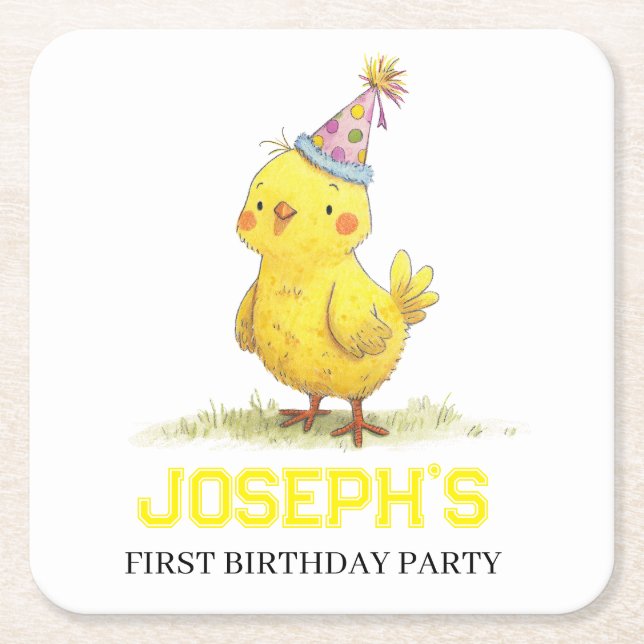 Little Chick Farm Birthday Chicken Square Paper Coaster (Front)