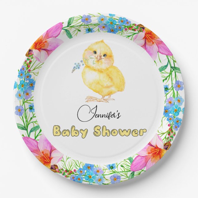 Little Chick Floral Baby Shower Paper Plate (Front)