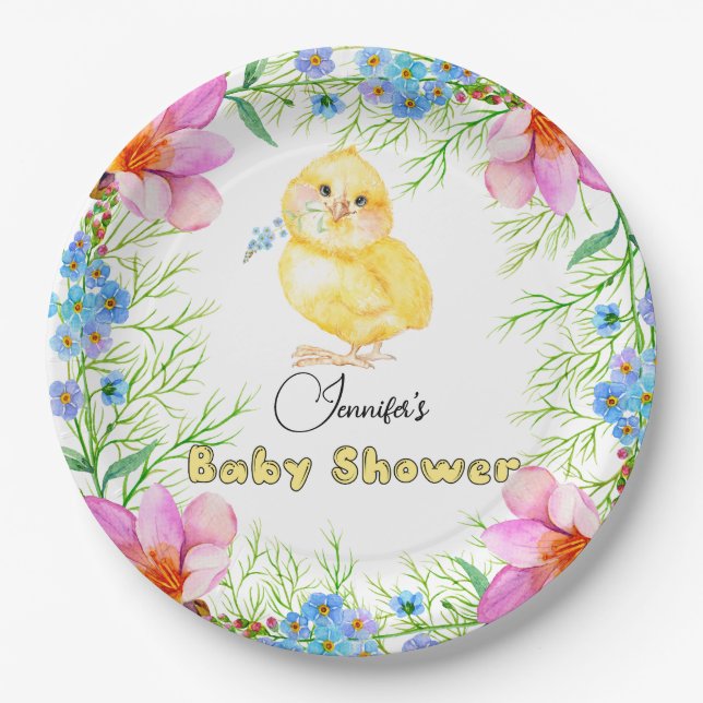 Little Chick Floral Baby Shower Paper Plate (Front)