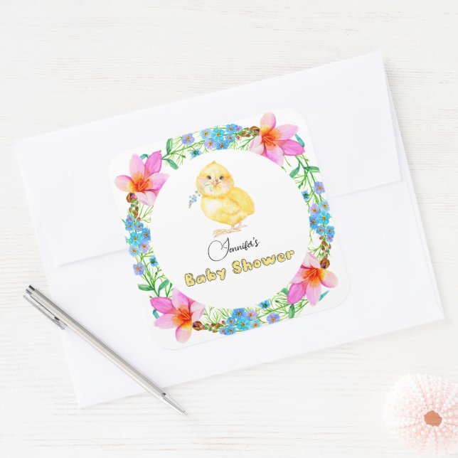Little Chick Floral Baby Shower Square Sticker (Envelope)