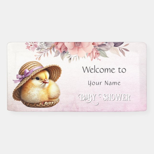 Little Chick Pink Ribbon Baby Shower Banner (Horizontal)