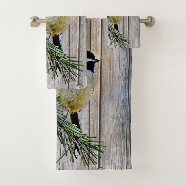 Little Chickadee on Barn Board Background Bath Towel Set (Insitu)