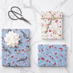 Little Chickadees + Snowy Winterberries Set Wrapping Paper Sheet