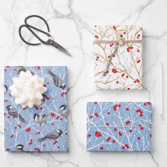 Little Chickadees + Snowy Winterberries Set Wrapping Paper Sheet (Front)