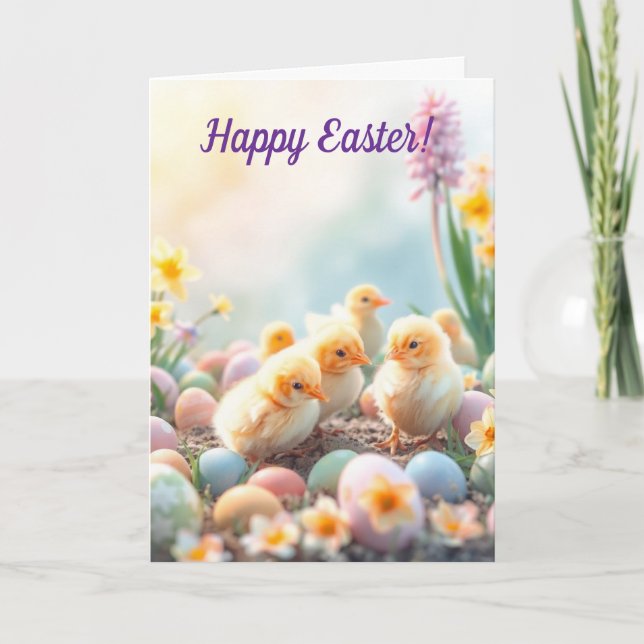 Little Chicks and Pastel Easter Eggs Holiday Card (Front)