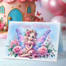 Little Child Fairy in Pink Dress & Roses Birthday