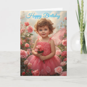 Little Child Fairy in Pink  Roses Birthday  Card