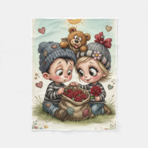 Little Children Caring For Berries In Nature Fleec Fleece Blanket