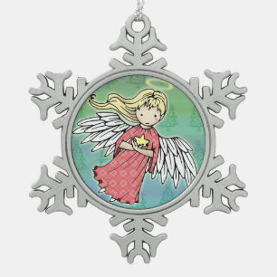 Little Christmas Angel and Star Snowflake Pewter Christmas Ornament