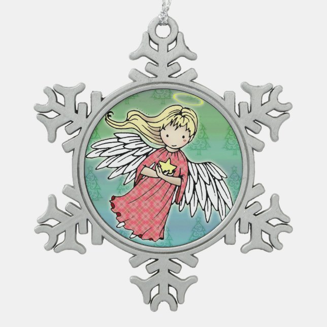 Little Christmas Angel and Star Snowflake Pewter Christmas Ornament (Front)