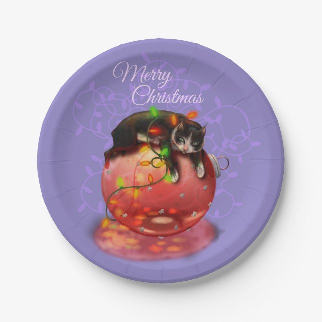 Little Christmas Cat Lights Garland Winter Magic Paper Plate (Front)