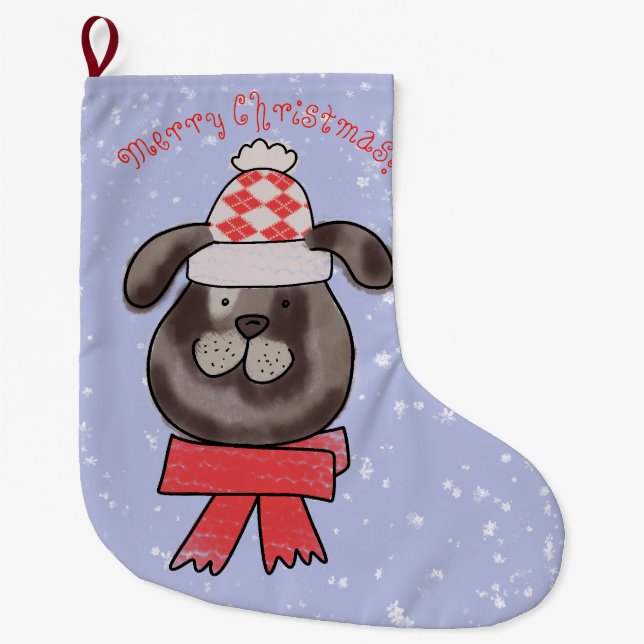 Little Christmas dog wearing knitted cap and scarf Large Christmas Stocking (Front)
