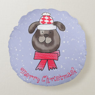 Little Christmas dog wearing knitted cap and scarf Round Cushion
