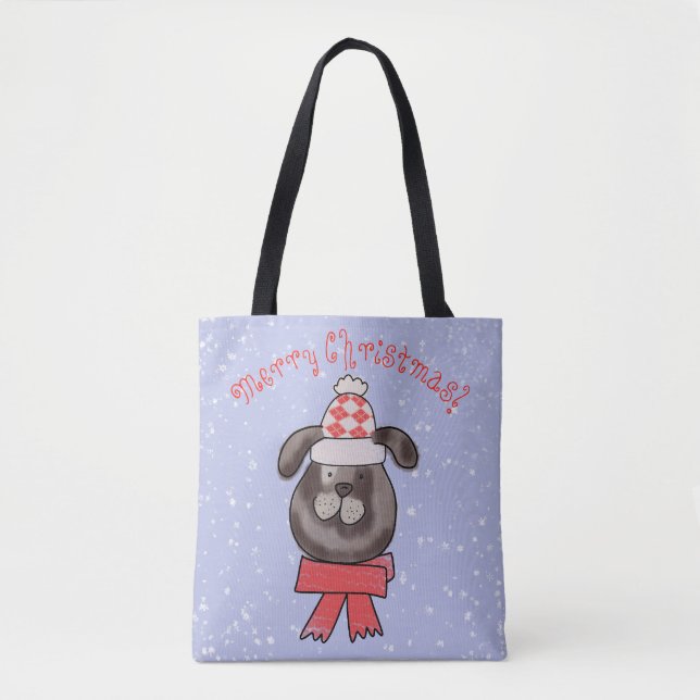 Little Christmas dog wearing knitted cap and scarf Tote Bag (Front)