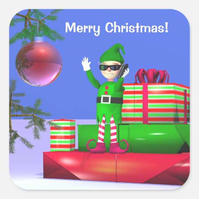 Little Christmas Elf Standing on Gifts Square Sticker (Front)