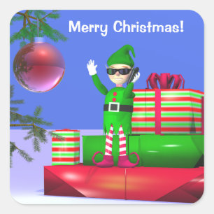 Little Christmas Elf Standing on Gifts Square Sticker